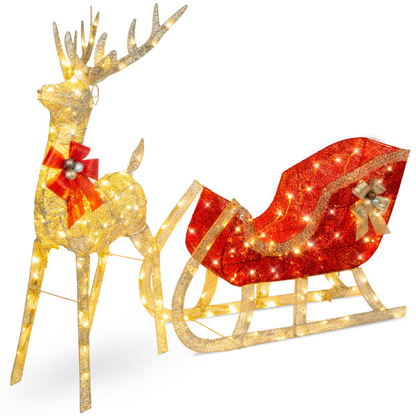 XL Lighted Christmas Reindeer & Sleigh Outdoor Decor Set w/ LED Lights - Kivo Store
