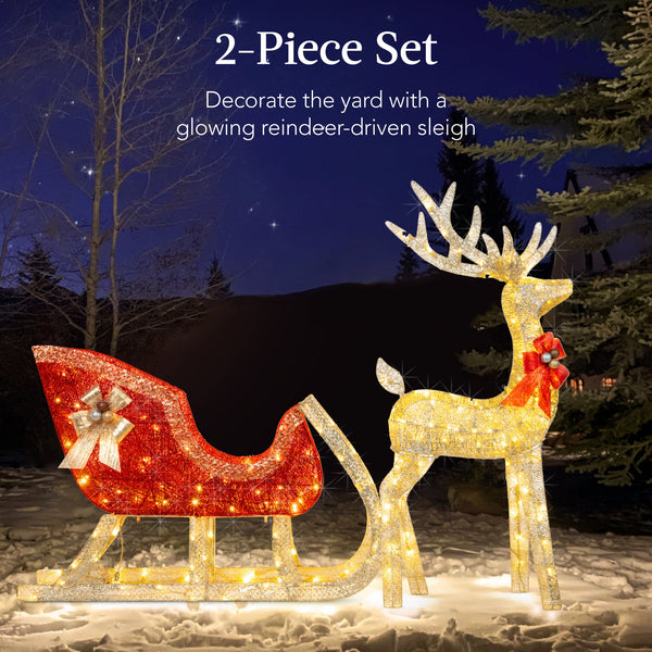 XL Lighted Christmas Reindeer & Sleigh Outdoor Decor Set w/ LED Lights - Kivo Store