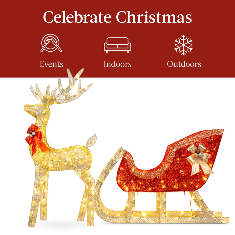 XL Lighted Christmas Reindeer & Sleigh Outdoor Decor Set w/ LED Lights - Kivo Store