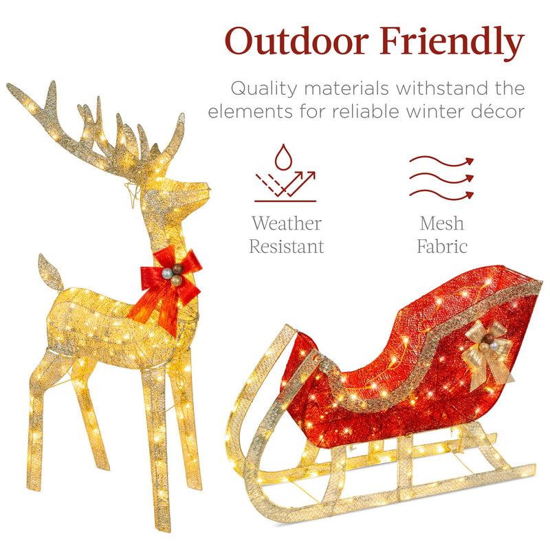 XL Lighted Christmas Reindeer & Sleigh Outdoor Decor Set w/ LED Lights - Kivo Store