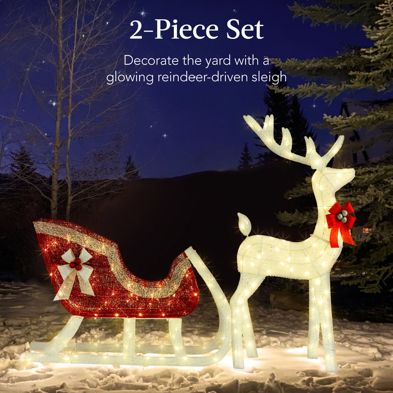 XL Lighted Christmas Reindeer & Sleigh Outdoor Decor Set w/ LED Lights - Kivo Store