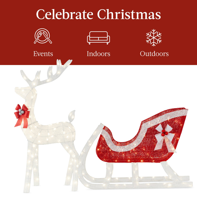 XL Lighted Christmas Reindeer & Sleigh Outdoor Decor Set w/ LED Lights - Kivo Store