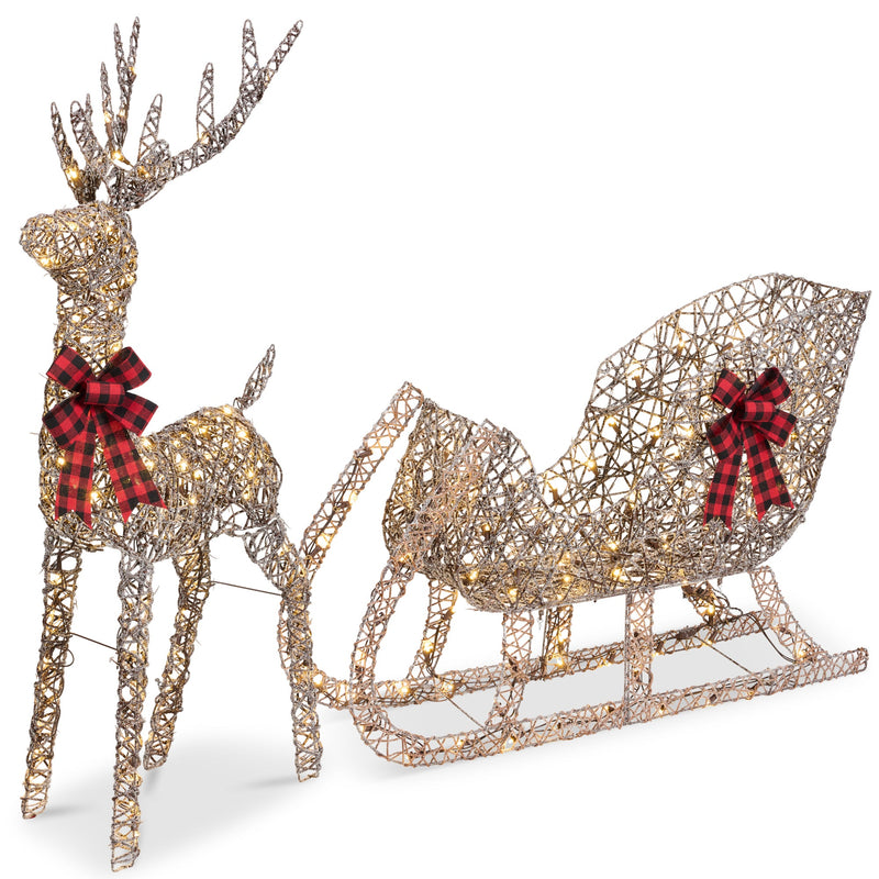 XL Lighted Christmas Reindeer & Sleigh Outdoor Decor Set w/ LED Lights - Kivo Store