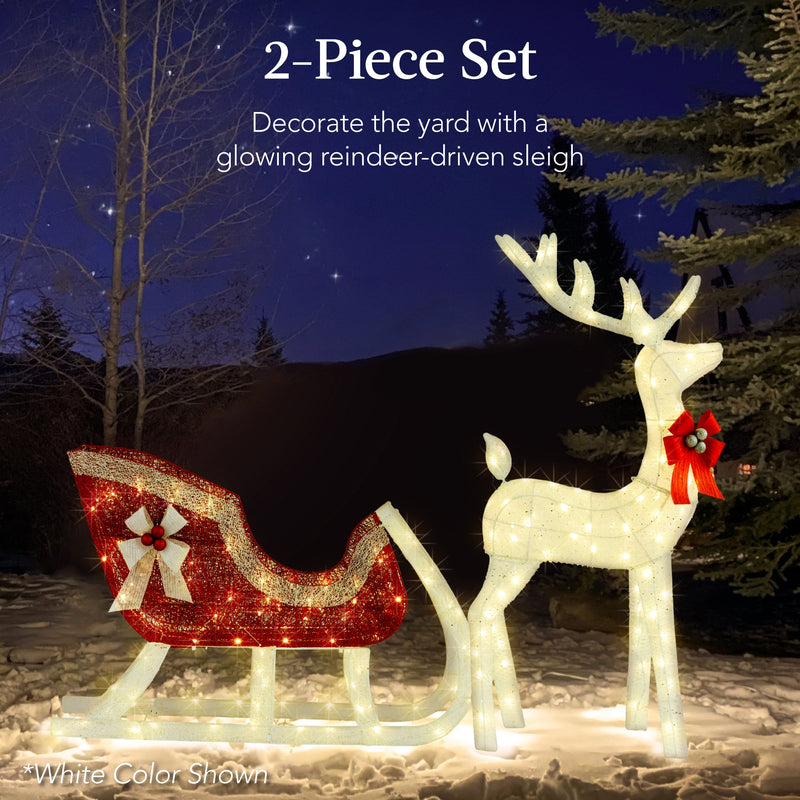 XL Lighted Christmas Reindeer & Sleigh Outdoor Decor Set w/ LED Lights - Kivo Store