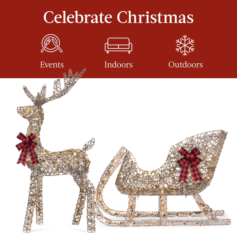 XL Lighted Christmas Reindeer & Sleigh Outdoor Decor Set w/ LED Lights - Kivo Store