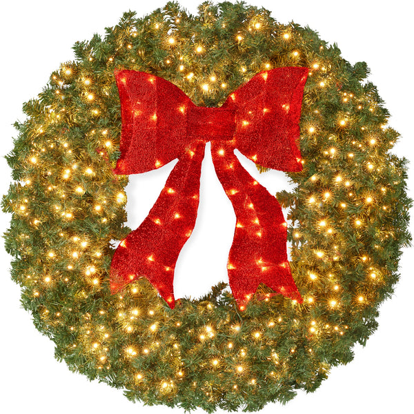 Pre-Lit Artificial Fir Christmas Wreath w/ Red Bow, LED Lights - Kivo Store