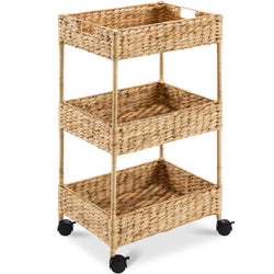 3-Tier Water Hyacinth Rolling Utility Cart w/ Weaved Baskets Natural - Kivo Store
