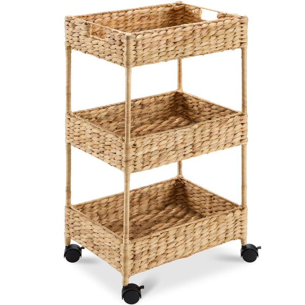 3-Tier Water Hyacinth Rolling Utility Cart w/ Weaved Baskets Natural - Kivo Store