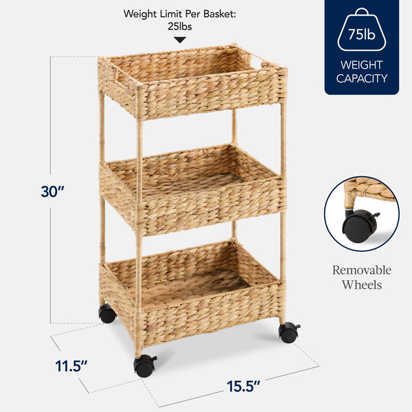 3-Tier Water Hyacinth Rolling Utility Cart w/ Weaved Baskets Natural - Kivo Store