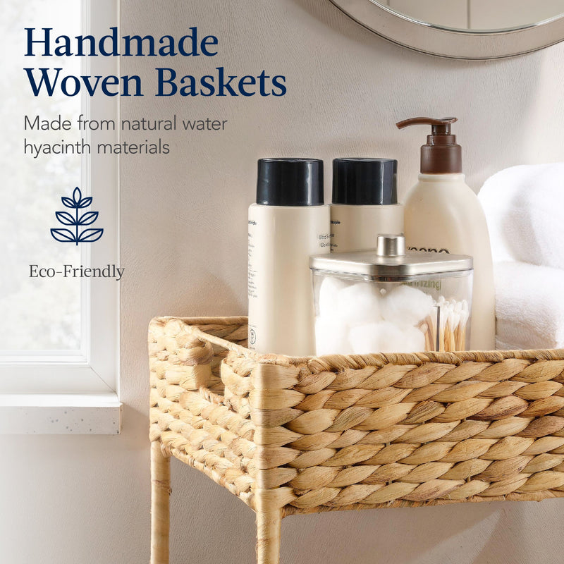 3-Tier Water Hyacinth Rolling Utility Cart w/ Weaved Baskets Natural - Kivo Store