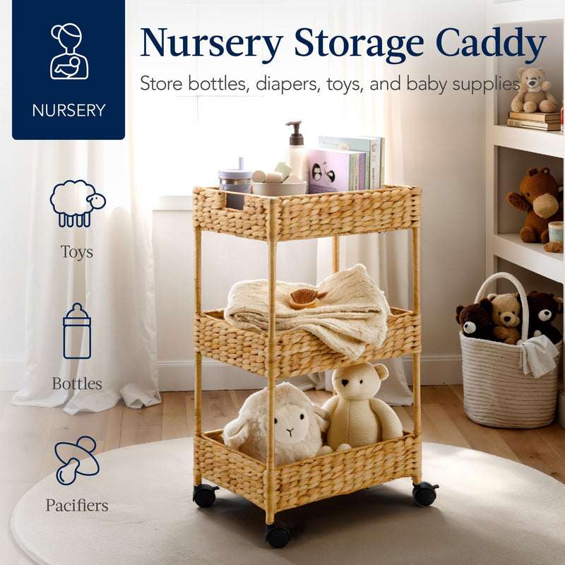 3-Tier Water Hyacinth Rolling Utility Cart w/ Weaved Baskets Natural - Kivo Store