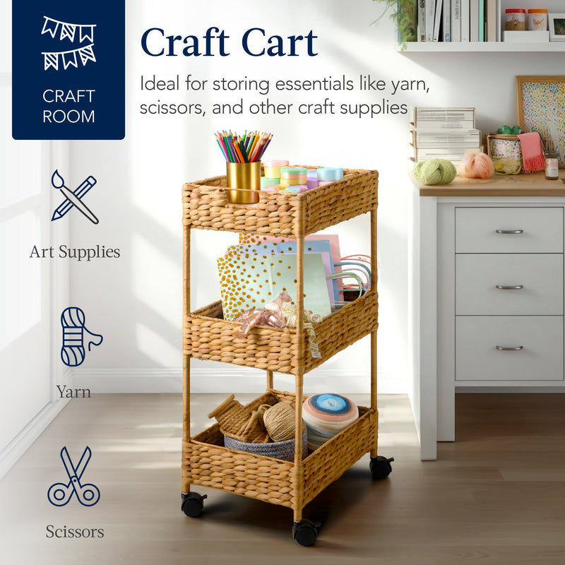 3-Tier Water Hyacinth Rolling Utility Cart w/ Weaved Baskets Natural - Kivo Store