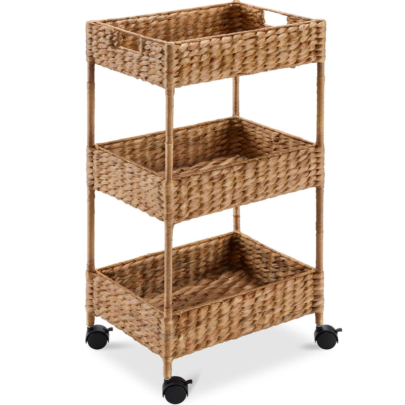 3-Tier Water Hyacinth Rolling Utility Cart w/ Weaved Baskets Natural - Kivo Store