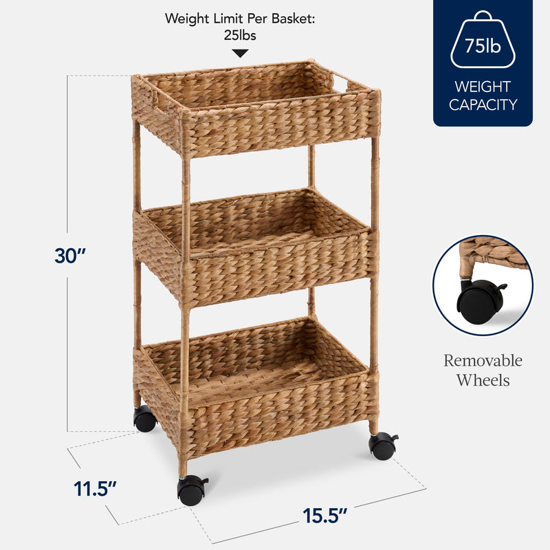 3-Tier Water Hyacinth Rolling Utility Cart w/ Weaved Baskets Natural - Kivo Store