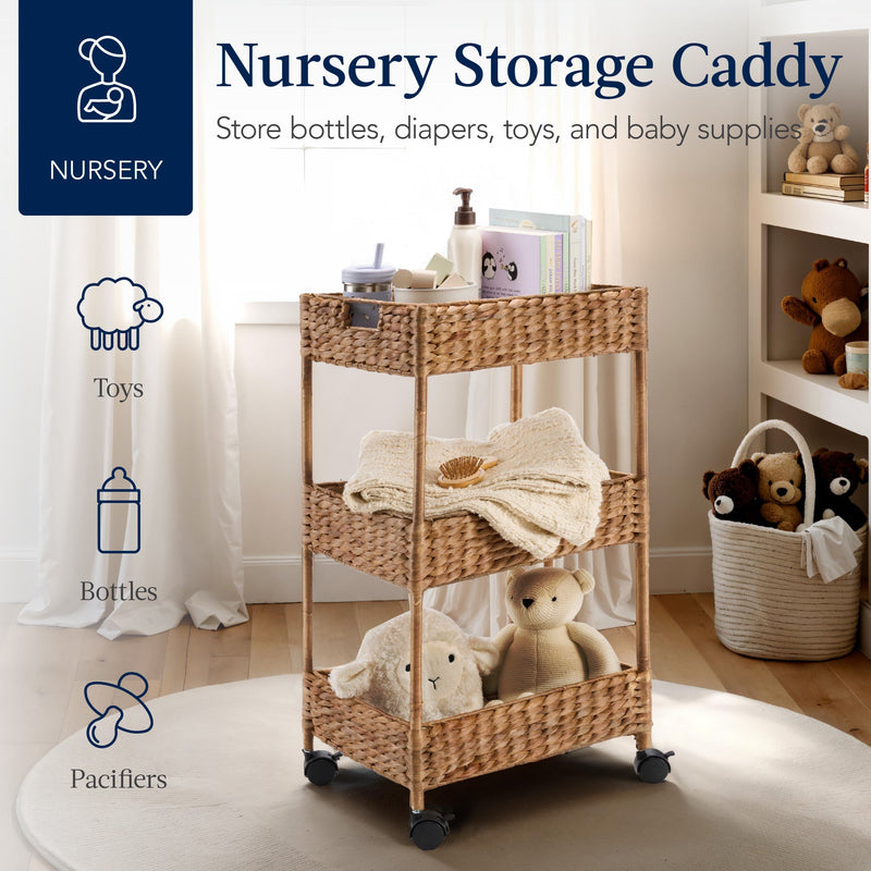 3-Tier Water Hyacinth Rolling Utility Cart w/ Weaved Baskets Natural - Kivo Store