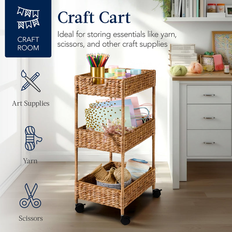 3-Tier Water Hyacinth Rolling Utility Cart w/ Weaved Baskets Natural - Kivo Store