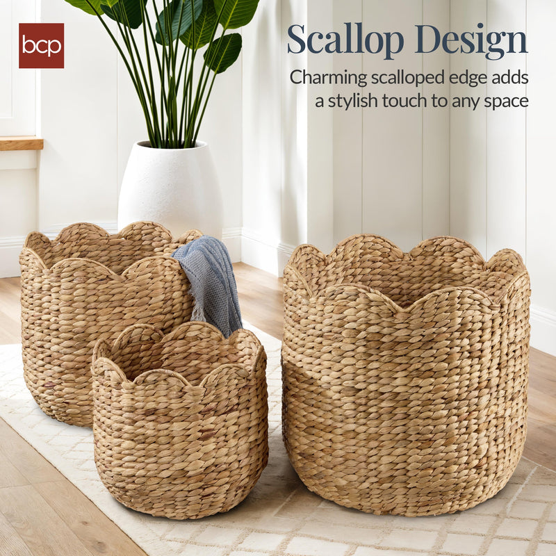 Scalloped 3PC Water Hyacinth Nesting Baskets - Kivo Store