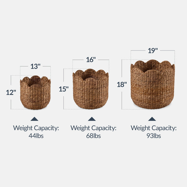 Scalloped 3PC Water Hyacinth Nesting Baskets - Kivo Store