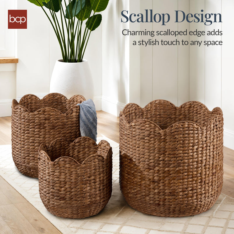 Scalloped 3PC Water Hyacinth Nesting Baskets - Kivo Store