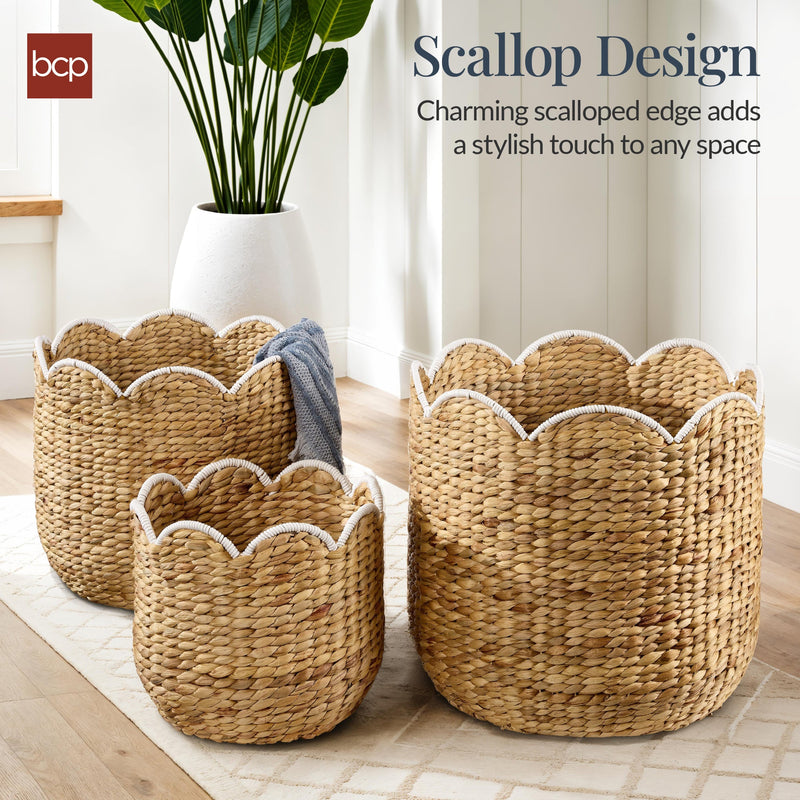 Scalloped 3PC Water Hyacinth Nesting Baskets - Kivo Store