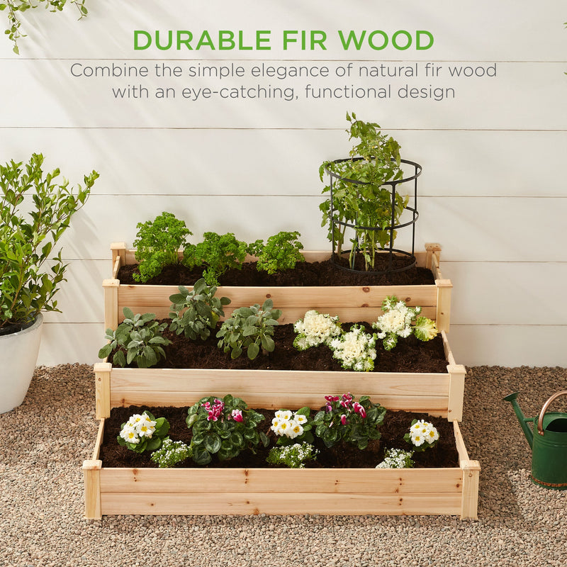 3-Tier Raised Fir Wood Garden Bed Planter w/ Stackable & Flat Setup