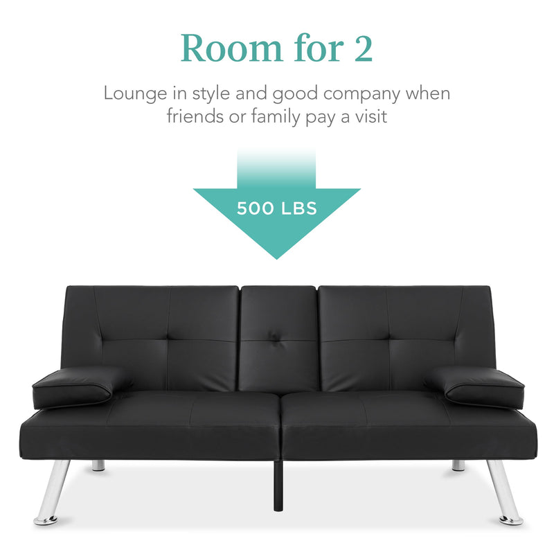 Faux Leather Upholstered Convertible Sofa Bed Futon w/ 2 Cupholders