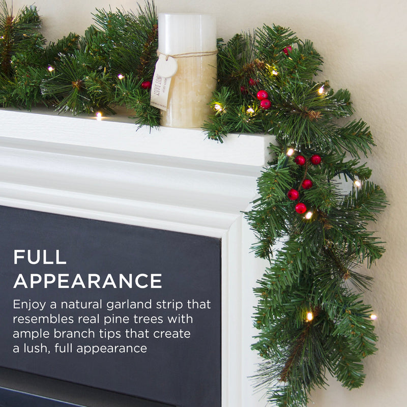 9ft Pre-Lit Christmas Garland w/ 50 Lights, Pine Cones, Berries