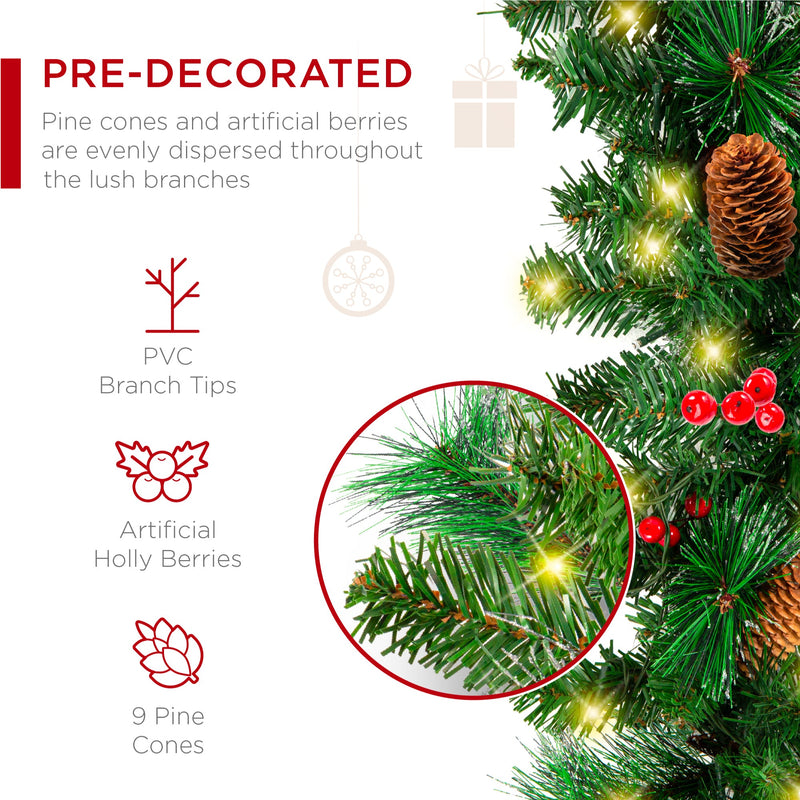 9ft Pre-Lit Christmas Garland w/ 50 Lights, Pine Cones, Berries