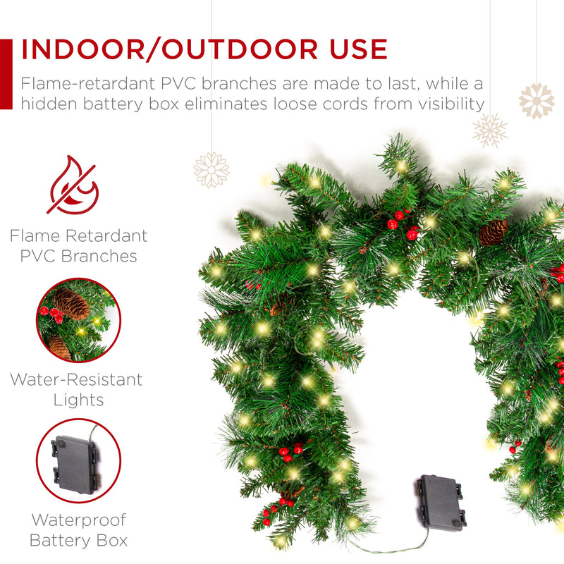 9ft Pre-Lit Christmas Garland w/ 50 Lights, Pine Cones, Berries