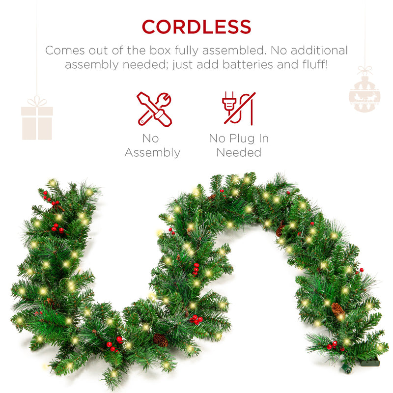 9ft Pre-Lit Christmas Garland w/ 50 Lights, Pine Cones, Berries