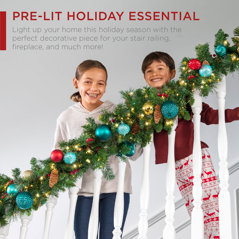 9ft Pre-Lit Christmas Garland w/ 50 Lights, Pine Cones, Berries