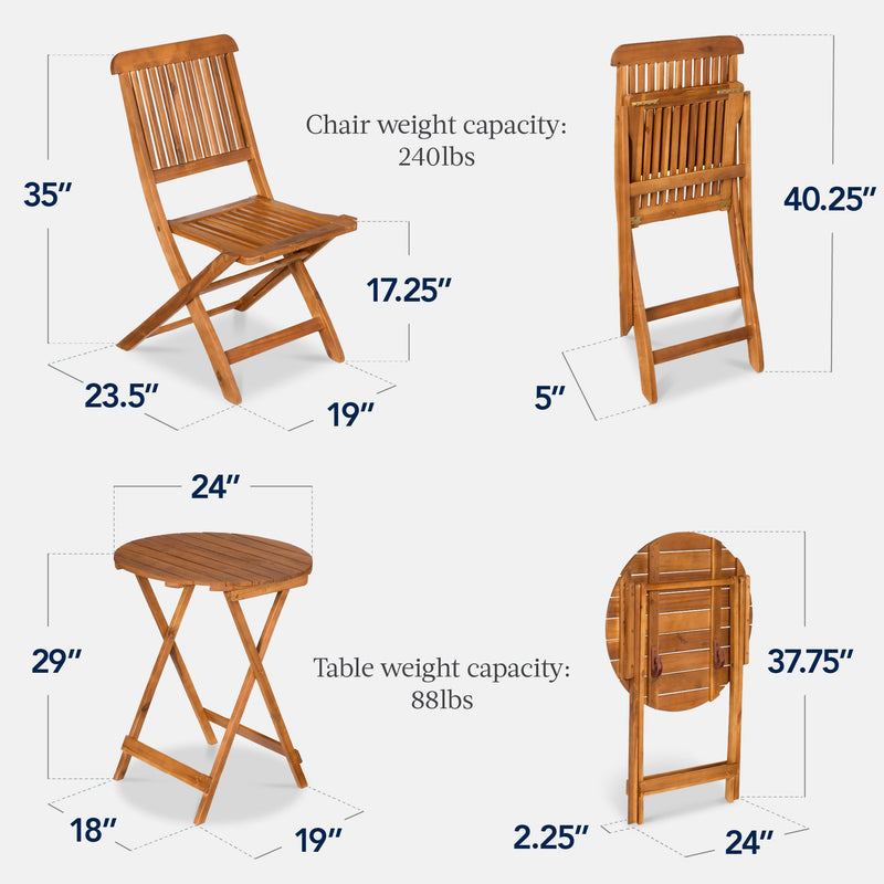 3-Piece Acacia Wood Bistro Set w/ Folding Table, 2 Chairs