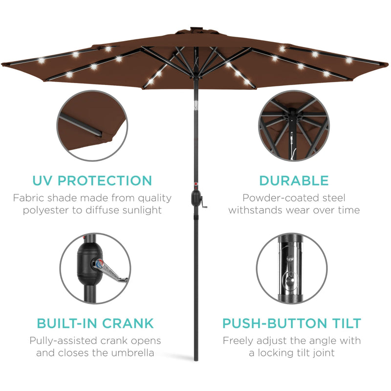 Solar LED Lighted Patio Umbrella w/ Tilt Adjustment, UV-Resistant - 10ft - Kivo Store