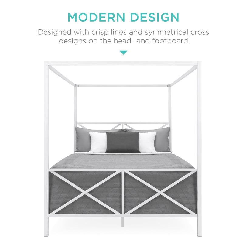 4-Post Queen Size Modern Metal Canopy Bed Frame w/ Headboard, Footboard