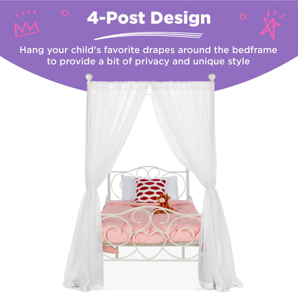 Classic 4-Post Metal Canopy Twin Bed Frame w/ Heart Scroll Design