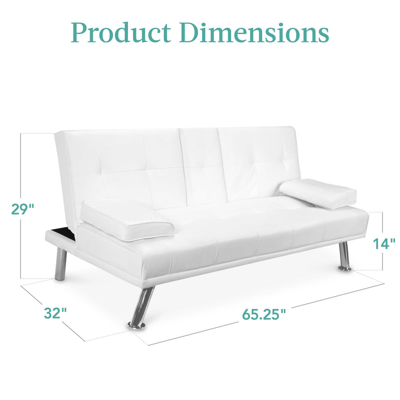 Faux Leather Upholstered Convertible Sofa Bed Futon w/ 2 Cupholders