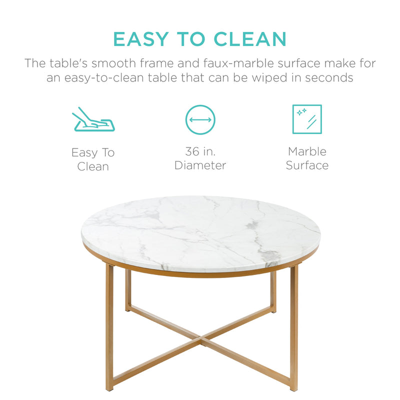 Round Coffee Table w/ Faux Marble Top, Metal Frame - 36in
