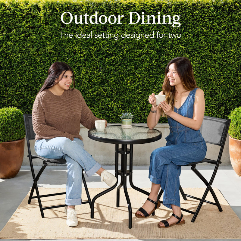 3-Piece Bistro Set w/ Glass Table, 2 Foldable Chairs