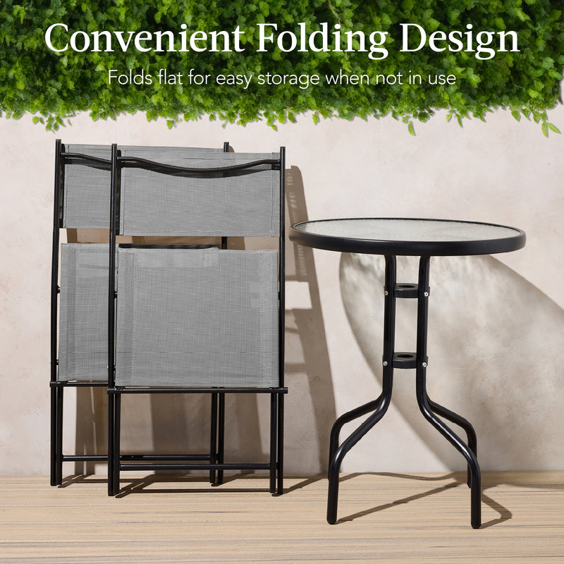 3-Piece Bistro Set w/ Glass Table, 2 Foldable Chairs