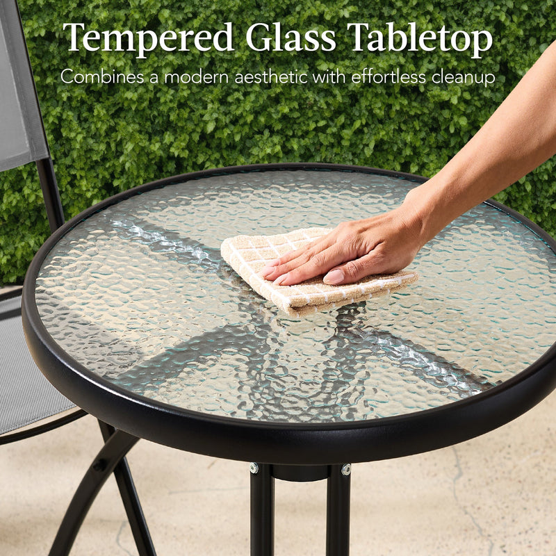 3-Piece Bistro Set w/ Glass Table, 2 Foldable Chairs