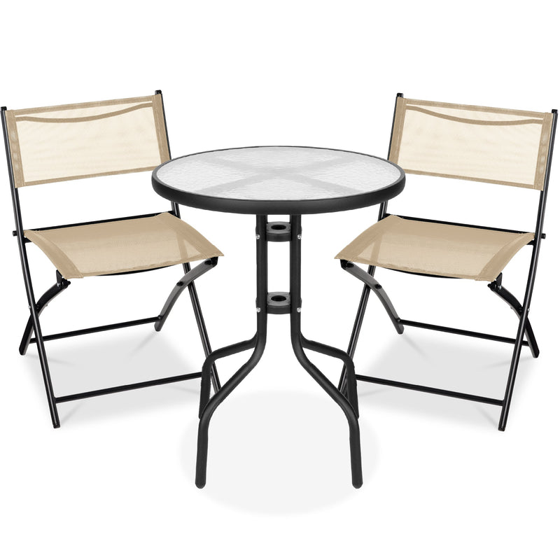 3-Piece Bistro Set w/ Glass Table, 2 Foldable Chairs