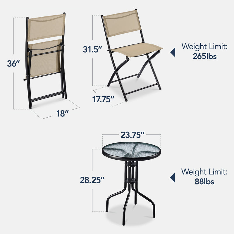 3-Piece Bistro Set w/ Glass Table, 2 Foldable Chairs