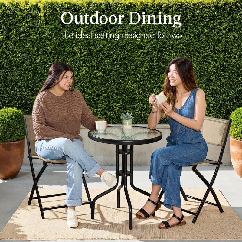 3-Piece Bistro Set w/ Glass Table, 2 Foldable Chairs