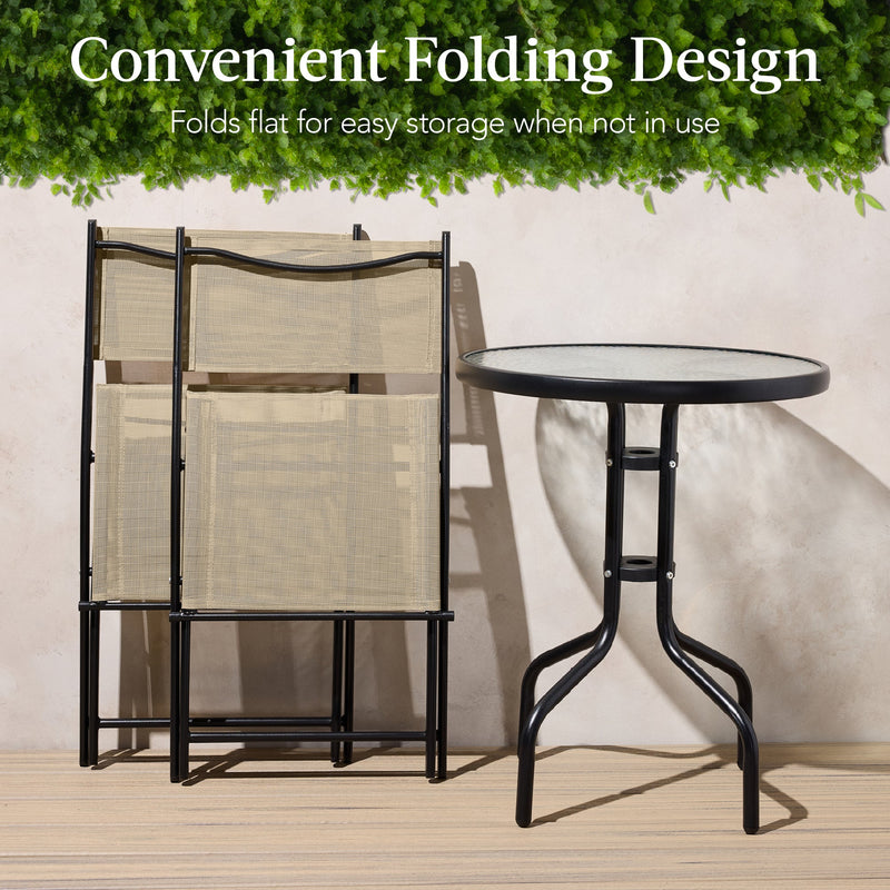 3-Piece Bistro Set w/ Glass Table, 2 Foldable Chairs