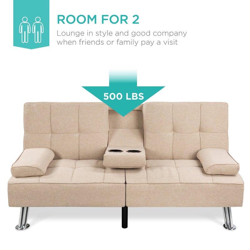 Linen Upholstered Convertible Sofa Bed Futon w/ 2 Cupholders