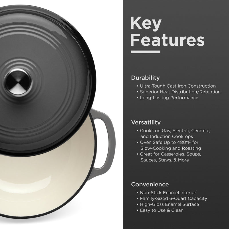 Cast-Iron Dutch Oven Kitchen Cookware w/ Enamel, Handles - 6qt - Kivo Store
