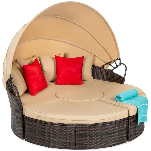 5-Piece 2-in-1 Wicker Daybed Sectional w/ Adjustable Seats, Canopy, Cover - Kivo Store