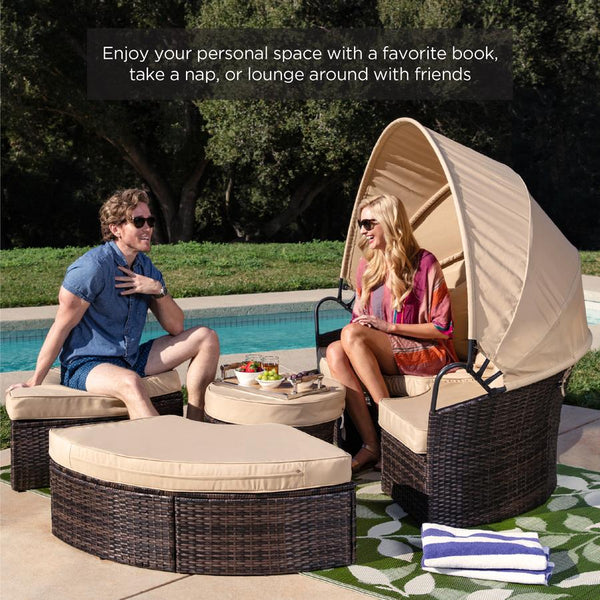 5-Piece 2-in-1 Wicker Daybed Sectional w/ Adjustable Seats, Canopy, Cover - Kivo Store