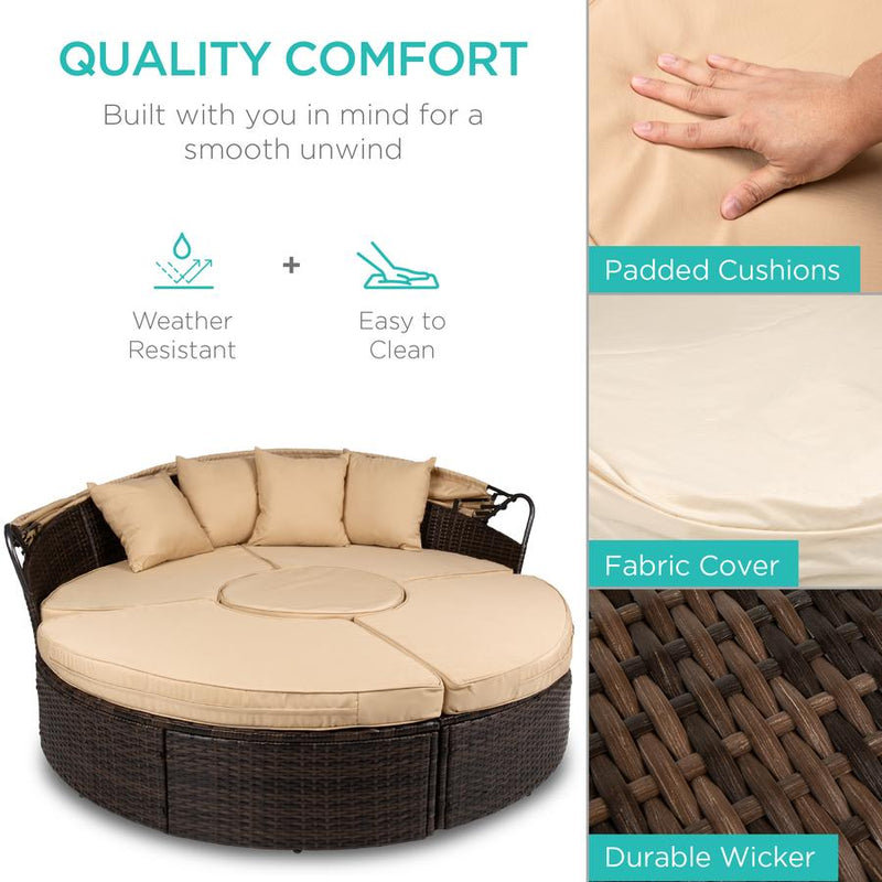 5-Piece 2-in-1 Wicker Daybed Sectional w/ Adjustable Seats, Canopy, Cover - Kivo Store