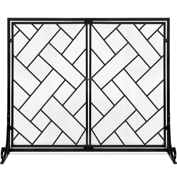 2-Panel Wrought Iron Geometric Fireplace Screen w/ Magnetic Doors - 44x33in